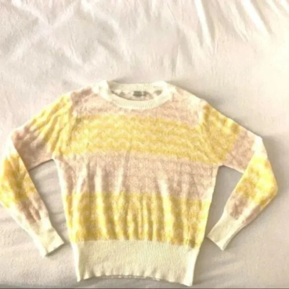 Women's Sweater Yellow White Wave Knit Pullover Soft Lightweight Long Sleeve S - Picture 2 of 5